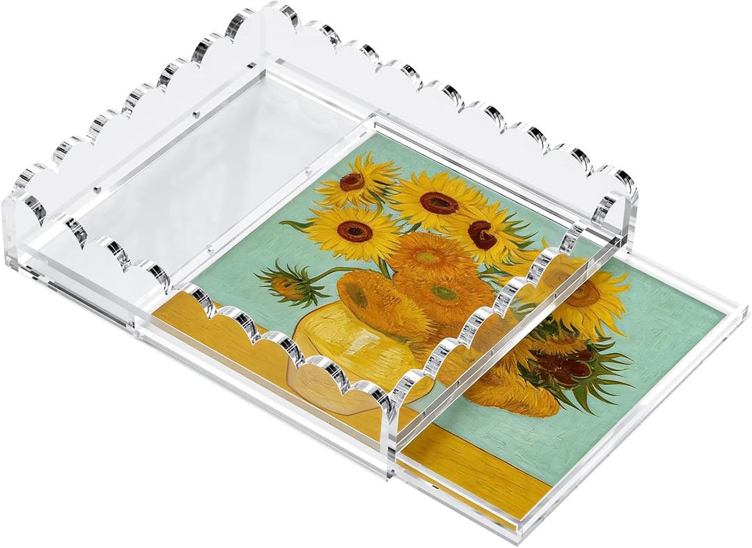 Scalloped Acrylic Tray for Needlepoint, 10" x 12" Clear Acrylic Display Tray with Slide Out Drawer for Insert Photos, Art, Fabric, Acrylic Organizer Decorative Tray for Home Decor