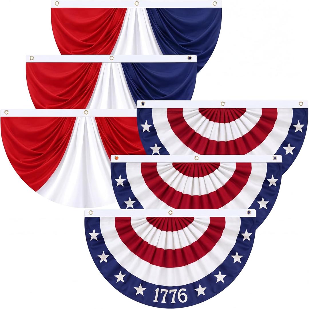 Tegeme 6 Pcs 250th Anniversary USA Fan Flag Patriotic 4th of July Flag 3 X1.5 ft American Pleated Bunting Memorial Day Independence Labor Red White Blue with Grommet Garden Banner Outdoor Decoration