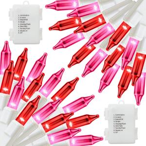 100 LED 2 Pack Red Pink Valentines Day Lights, 17.4Ft Battery Operated Mini String Lights with 8 Modes & Timer Waterproof Lights for Patio Garden Party Wedding Valentine's Day Decorations