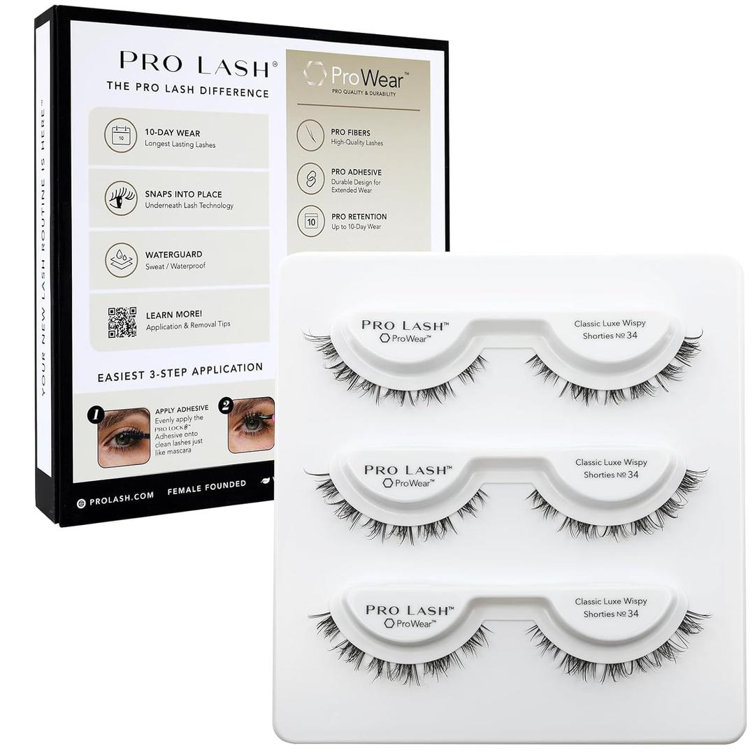 Pro Lash ProWear Professionally Styled Lash Clusters - Easiest to Apply Eyelash Cluster - 10 Day Eyelashes - Waterproof Lashes Clusters - 3 Sets - Classic Luxe Wispy Shorties No. 34 - Black