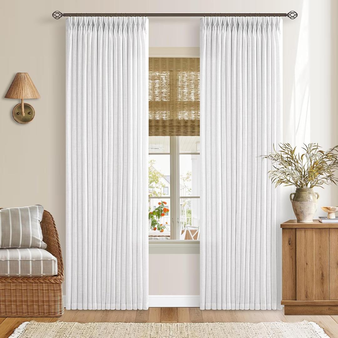White Pleated Linen Curtains 96 Inches Long for Living Room 2 Panel Set Semi Sheer Light Filtering Pinch Pleat with Rings Hooks Back Tab Drapes Neutral Boho 96 Inch Curtain for Bedroom Window W50xL96