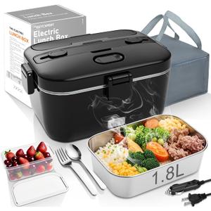 Electric-Lunch-Box-Heated-Food-Warmer 100W Heating Lunchbox for Adults 1.8L Portable Food Heater for Work/Car, 12V/24V/110-230V Lonchera Elctrica Porttil with Fork Spoon (Black)