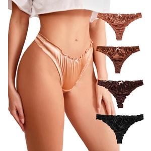Women's Satin Thongs Silk Feeling Bikini Briefs Underwear Ruched G-String Thong Panties Smooth Panties 4 Pack (Small, Dark)