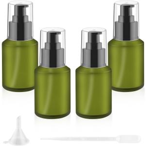 4 Pcs 60ml/2oz Green Frosted Glass Bottles Refillable Pump Dispenser Jar Empty Lotion Vials with Pump for Travel Body Wash Liquid Foundation Cosmetic Samples