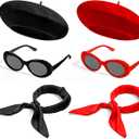 6 Pieces Women Men French Themed Party Couple Costume Accessories Set French Beret Hat Retro Oval Sunglasses and Silk Square Neck Scarf