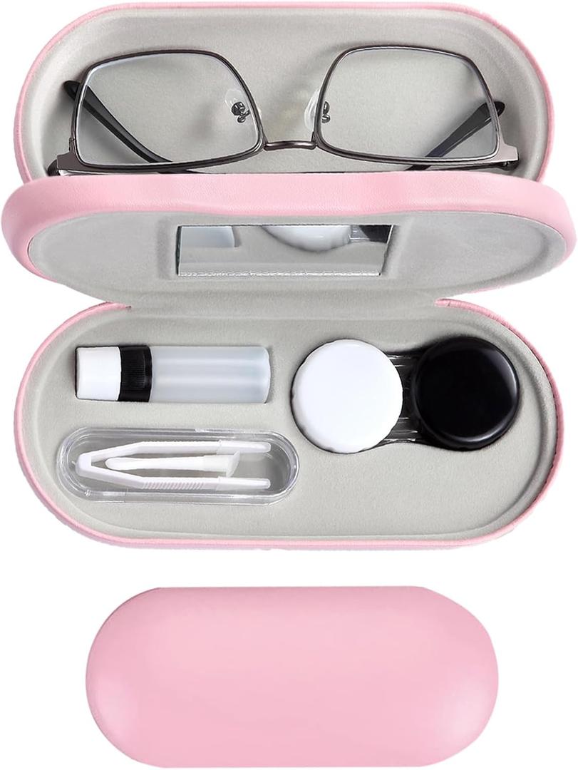 MUDOR 2 in 1 Contact Lens and Glasses Case, Travel Kit Includes Remover Tool with Tweezers,Dual Use Design (Pink)