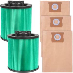 2 Pack DXVC6914 Premium HEPA Cartridge Vaccum Filter Compatible with DEWALT 9-16 Gallon Wet/Dry Vacuum, with 3 Pack DXVA19-4101 High Efficiency Replacement Filter Bags for DEWALT