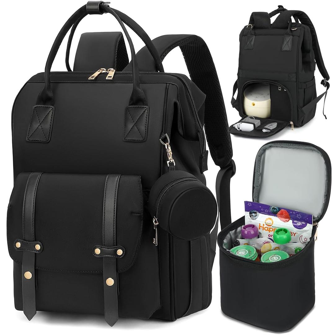 Breast Pump Backpack & Diaper Bag with Cooler, Fits Spectra S1 S2 Medela, Pumping Bag for Work, Fits 15.6" Laptop, 15 Pockets, Reinforced Zippers, Pacifier Case, Stroller Straps, Black (Classic Black)