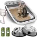 Abbylike 6 Pcs Collapsible Kitten Litter Box Kit, 20.7" x 15.8" x 5.5" Large Foldable Low Entrance Open Litter Box with Scoop 2 Stainless Steel Cat Bowl 2 Garbage Bag for Kittens, Easy Cleaning