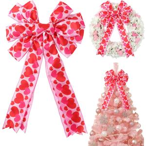 Valentine's Day Wreath Bow,11.4 x19.6 Inches Valentine Bows for Wreaths Decor Large Valentine Tree Topper Bow with Pink & Red Heart for Wedding Engagement Holiday Front Door Indoor Outdoor Decorations