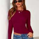 PRETTYGARDEN Womens Long Sleeve Shirts 2026 Fall Trendy Crewneck Slim Fit Asymmetrical Going Out Tops Ruched Tee Y2k Clothes (S)