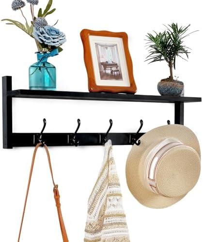 Exper City Coat Rack Wall Mount with Shelf, 26IN Wooden Coat Hanger Hooks Wall Mount with 5 Metal Hooks, Hanging Shelf with Hooks, Black