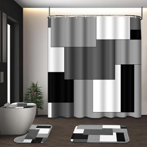 Grey Geometric Shower Curtain Set with Toilet Lid Cover and Non-Slip Rugs for Bathroom, Black White Checkered 4 Pcs Shower Curtain, Modern Abstract Bathroom Set with 12 Hooks