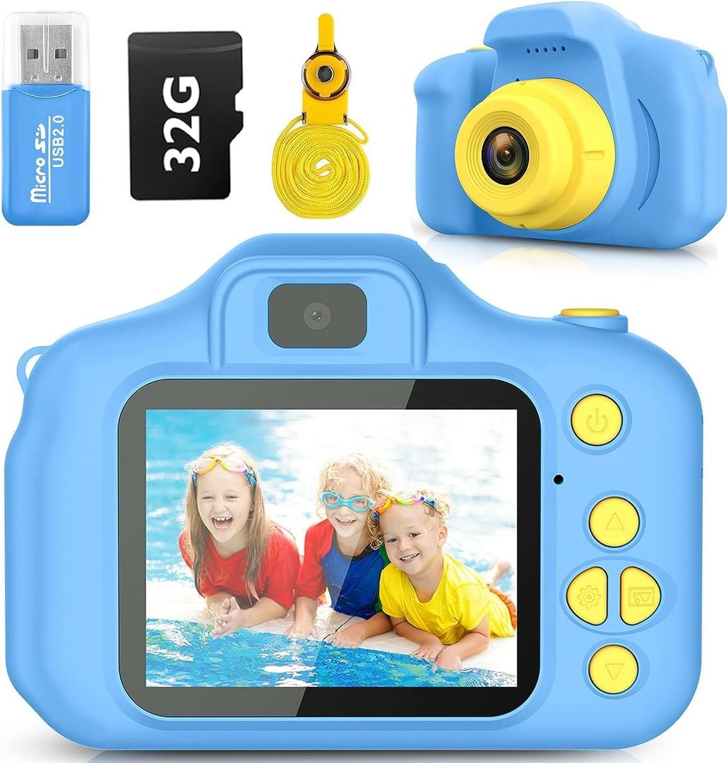 Kids Camera Toys Christmas Birthday Gifts for Boys and Girls Kids Toys 3 4 5 6 7 8 9 Year Old HD Digital Video Camera for Toddler with 32GB SD Card (Blue)