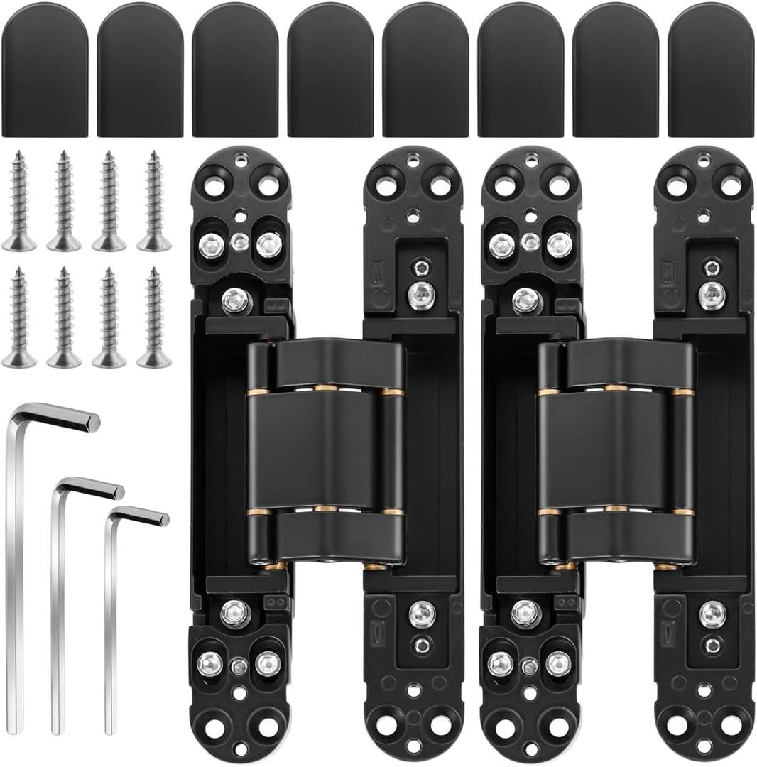 6 inch Hidden Door Hinges (2Pcs) Invisible Hinges for Doors, 180 Degree Swing Concealed Hinges, 3 Way Adjustable & Heavy Duty Hinges(Black)