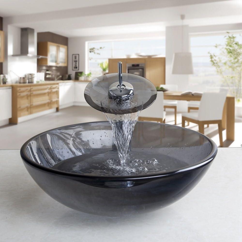 Vessel Sink Tempered Glass Round Bowl and Mixer Waterfall Faucet Drain Combo Set Grey Color, 19x19x9 inches