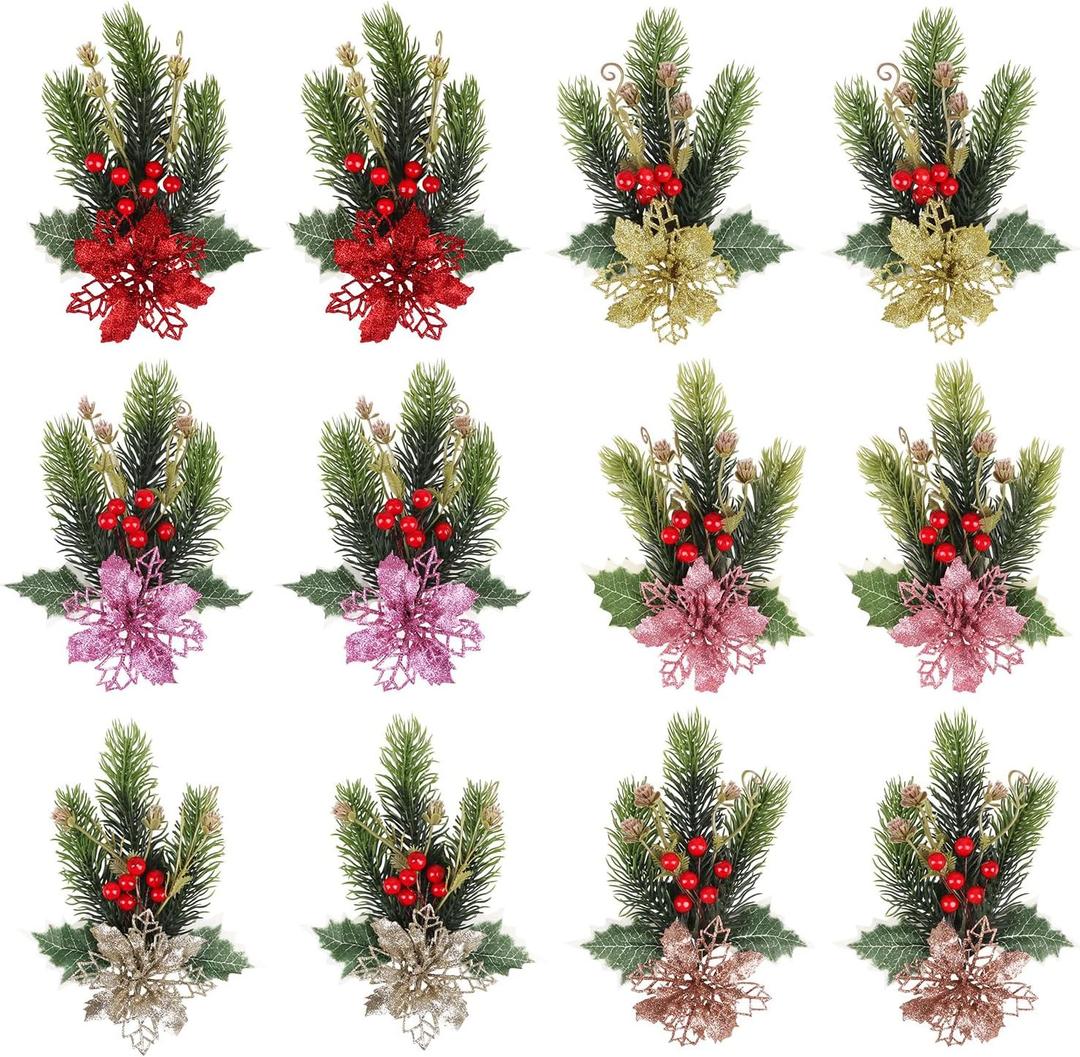 JOFONY 12Pcs Christmas Artificial Poinsettia Flowers,Poinsettia and Holly Berries Silk Flower Artificial Christmas Picks Pine Branches with Red Berry Stems for Home DIY Winter Festive Decor