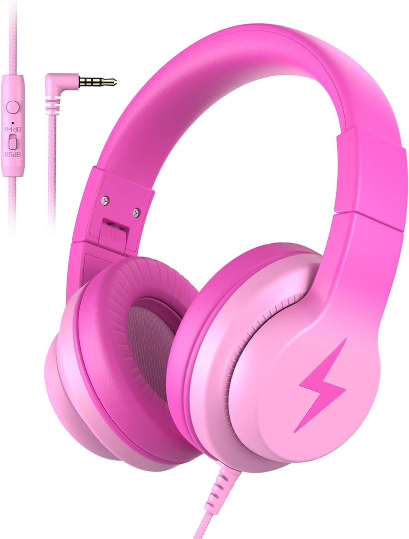 Kids Headphones, Wired Headphones for Kids Over Ear with Microphone, 85/94dB Volume Limiter Headphone for Girls Boys, Foldable Headphone for Learning & Entertainment, Gradient Deep Pink
