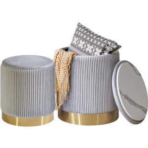 IBUYKE Round Storage Ottoman Set of 2 Ottoman for Dorm Vanity Stool with Storage Velvet FootStools End Table Boucle Ottoman for Home Organization Gray UWBD016G (Grey With Circular)