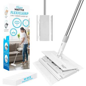 FlexiClamp Sweep & Mop Kit - Compatible with Swiffer Pads, Durable Cleaning Tool for Hardwood, Tile, Marble & Laminate Floors, Home, Kitchen Cleaning Essentials. (Include 10 Dry Cloths)