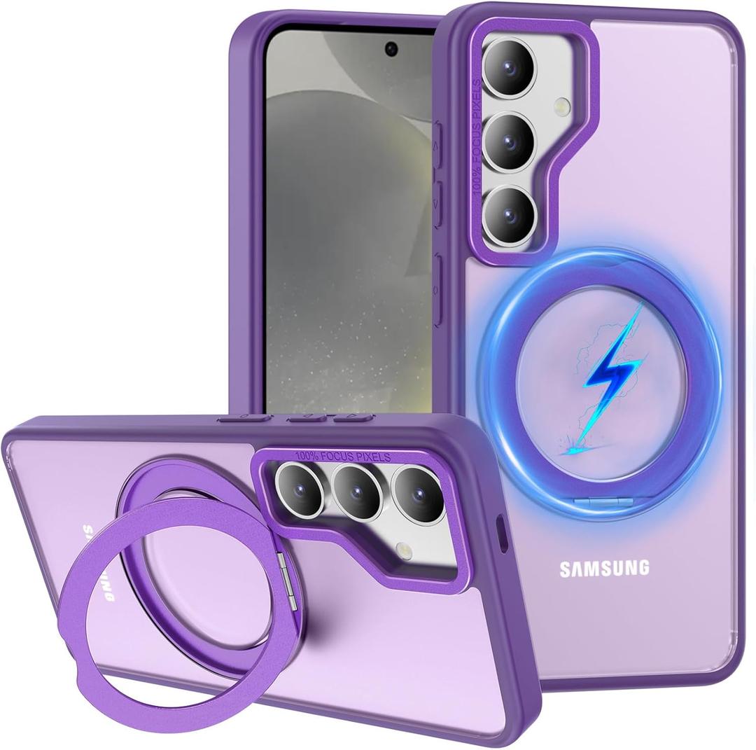 360 Rotatable Magnetic Ring for Samsung Galaxy S25 Plus Case [Military Grade Drop Protection] with Kickstand, Matte Translucent Slim Case for S25 Plus 6.7", Purple