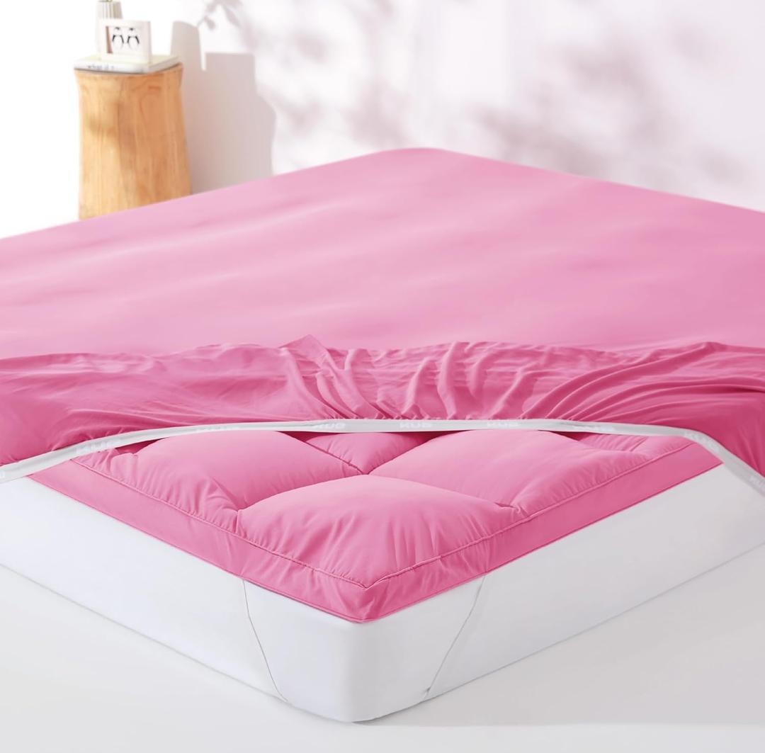 KUB Mattress Topper&Cooling Mattress Protector Bed Fitted Sheet Set, Deep Pocket&4 Elastic Bands, Triple Anti-Slip, Back Pain Relief, Breathable Soft 2 inch Mattress Pad Cover (Pink, Twin)