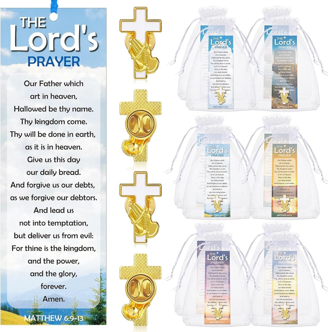 Supervitae 24 Pcs/ 12 Sets The Lord's Prayer Bookmark Cross & Praying Hands Pin Gift Bulk, Include 12 Praying Hands Gold Plated Pins 12 Christian Bookmarks for Religious Adult Church Party Favors