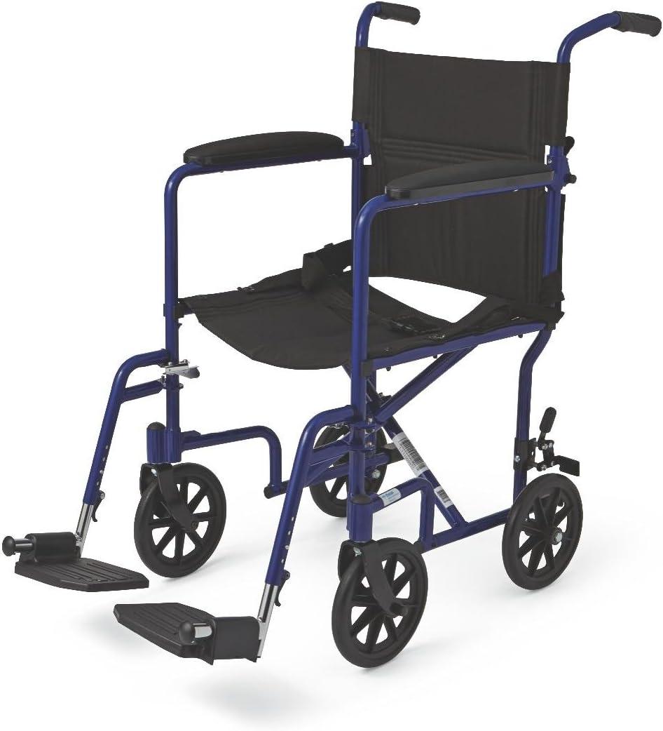 Medline Basic Aluminum Transport Chair with 19" Wide Seat, Full-Length Armrests, Detachable Footrests, 8" Wheels, 300 lb Weight Capacity