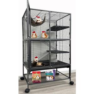 X-Large 31"x18.5"x53.5"H Deluxe Double Unit 4-Tiers Tight 1/2-Inch Bar Spacing Large Front Doors Water Bottle Food Bowl Feisty Ferret Hammock Squirrel Chinchilla Rat Small Animal Critter Rolling Cage (BlackVein)