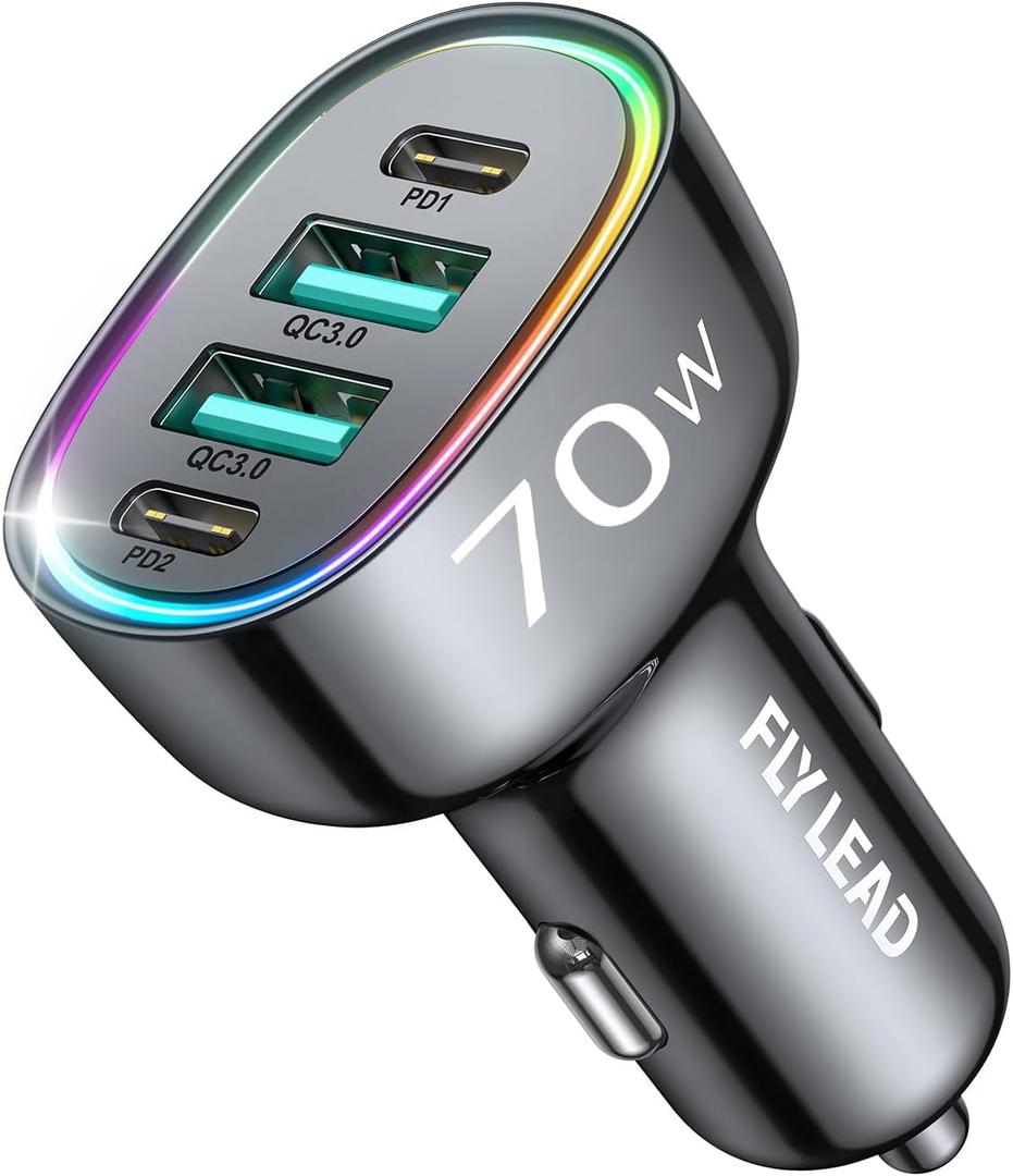 Car Charger USB C, 4 Port 70W Super Fast Charging for iPhone 17 Car Adapter, Dual PD 35W Type C & QC 3.0 USB A Multiport Car Cigarette Lighter Accessories for iPhone 16 15 14 13 12, iPad, Galaxy S26