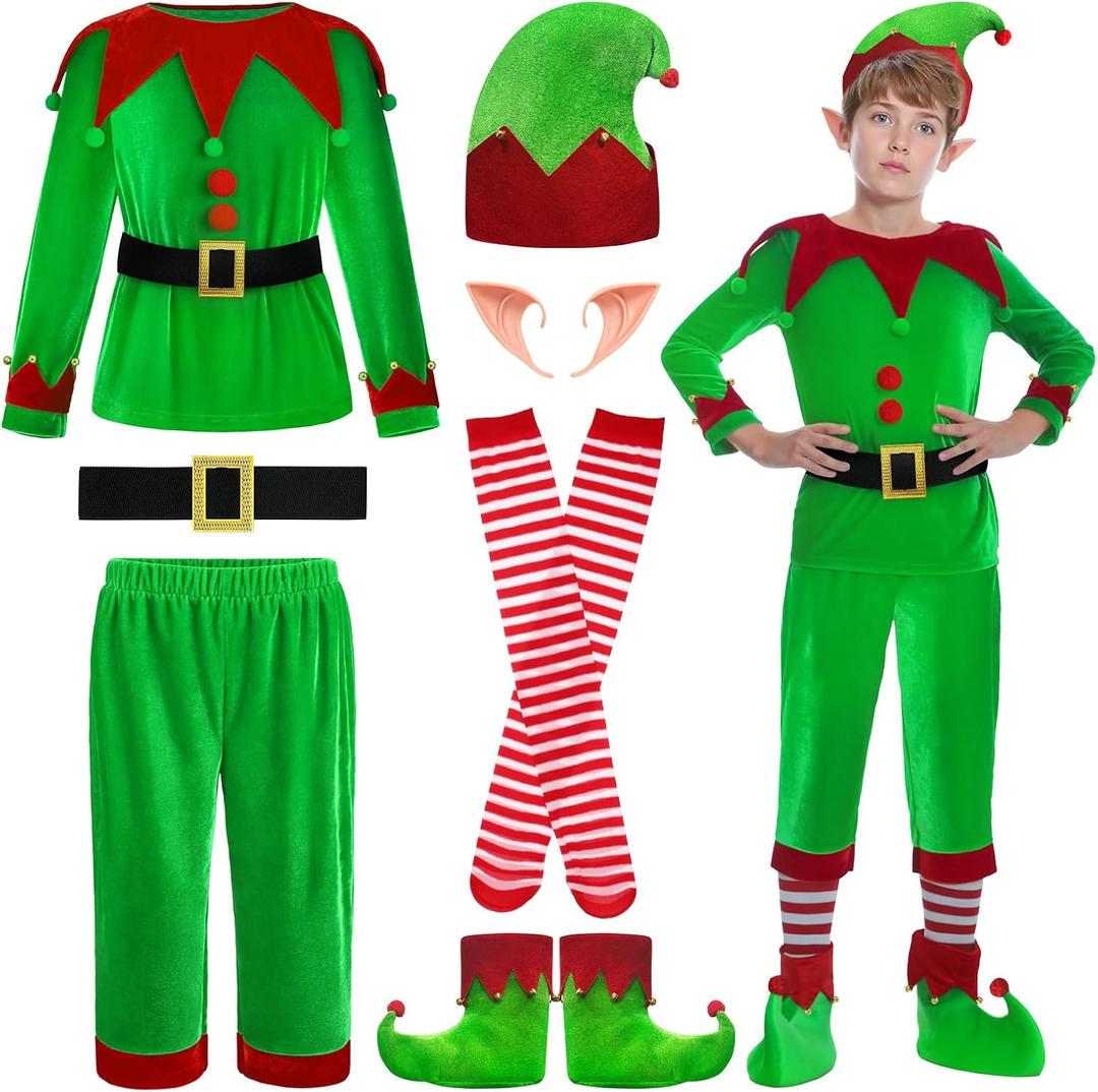 DITAIX Christmas Elf Costume for Boys - 6PCS Santa's Helper Costume - Velvet Elf Outfit Set for Kids Christmas Party (Large(11-12 Years))