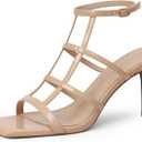 Adolilove Womens Strappy Heels 3 inch Slingback Square Open Toe Stilettos Sandals, Patent Leather, Sexy Party Dress Shoes (6, Nude)