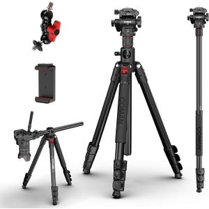 COMAN 72" Overhead Camera Tripod with Fluid Head,Horizontal Tripod for Top-Down Product & Food Photography,Detachable Monopod&Invertible Center Column,Aluminum Tripod for DSLR Camcorder Spotting Scope