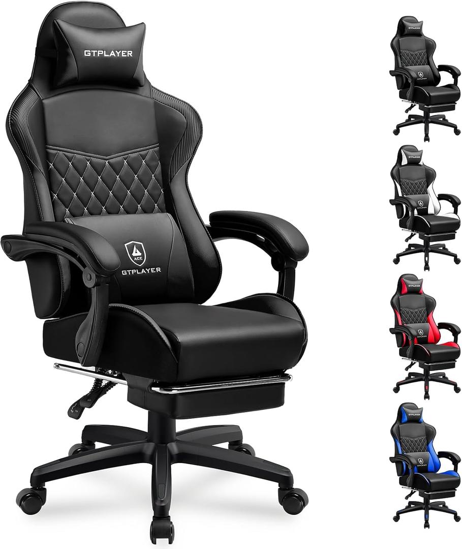 GTPLAYER Gaming Chair, High Back Leather Computer Game Chair with Footrest, Ergonomic Height Adjustable Office Chair with Removable Cover and Lumbar Support for Gaming and Work (Black)