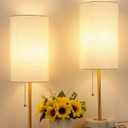 JUNNAI Table Lamps Set of 2, Gold Bedside Lamps, 3 Way Dimmable Nightstand Lamps with Marble Base & Linen Shade &Pull Chain,18.5 Inches Tall Skinny Desk Lamps for Bedroom Living Room(Bulbs Included)