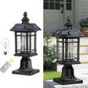 Emliviar 16 Inch Outdoor Solar Post Light, Dusk to Dawn Pier Mount Lamp Post Light with Remote Control, Black Finish with Seeded Glass Shade, A2202110P1-SL BK