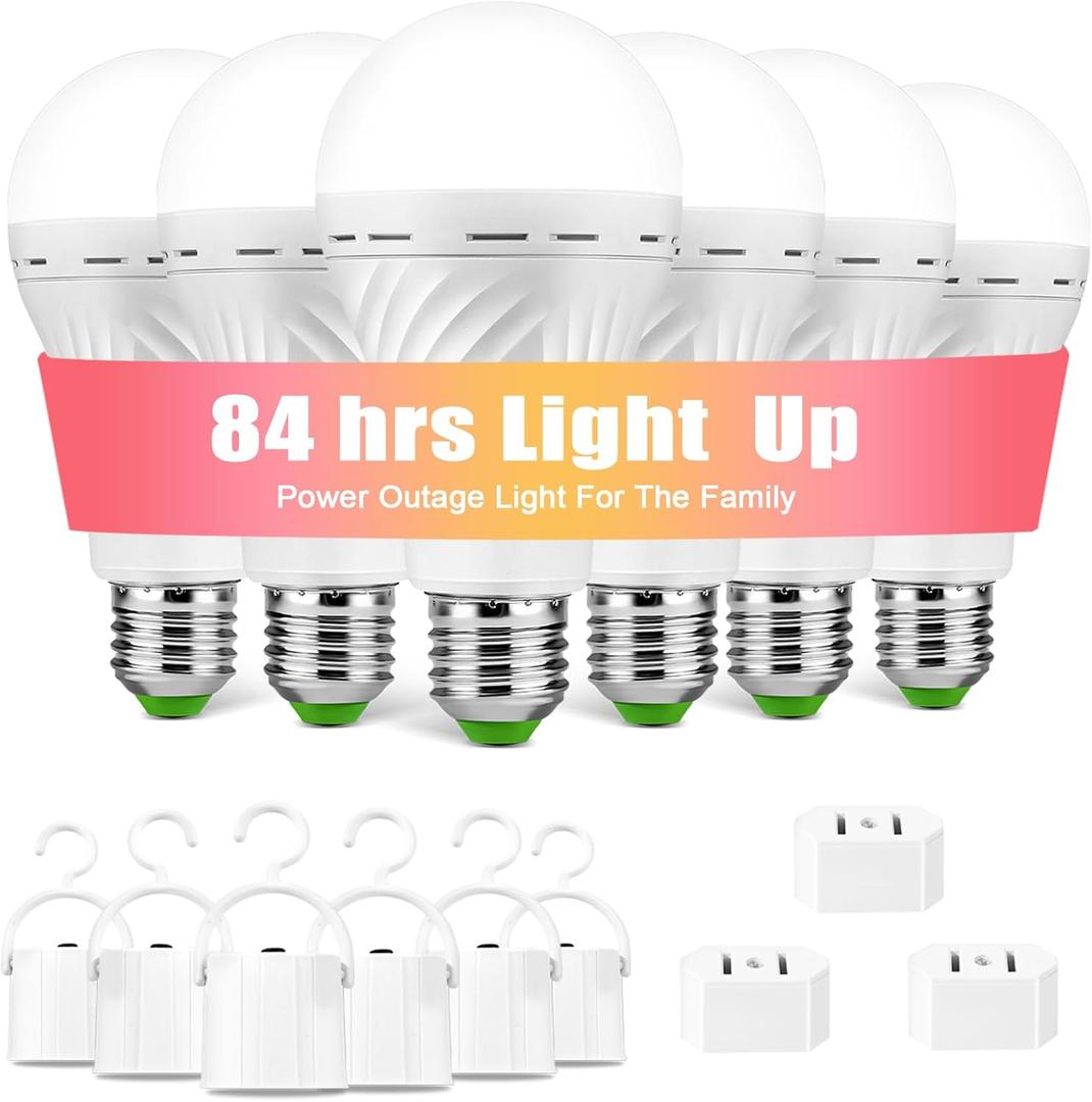6 Pack Rechargeable Emergency Light Bulbs, Battery Powered LED Light Bulb 6000K Daylight E26 12W 60W Equivalent with 1500mAh for Home Power Outage Camping Hiking( 6 Bulbs, 6 Hooks,3 Plug Caps)