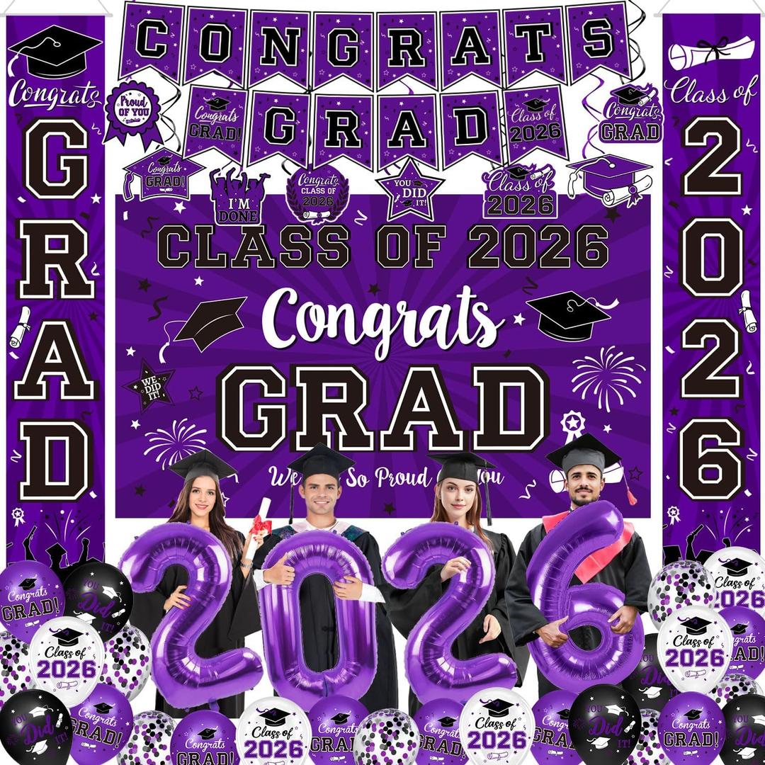 Graduation Decorations Class of 2026 Set - Purple Themed Congrats Grad Banner & Backdrop, Hanging Swirls, Porch Sign, Balloons, Foil Number 2026 for High School & College Celebrations, 18in, 12in, 10-inch