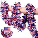 50 Feet Patriotic Tinsel Garland 4th of July Decorations, Red White and Blue Tinsel Metallic Glitter Garlands with Flags for Fourth July Independence Day Memorial Day Outdoor Indoor Decor