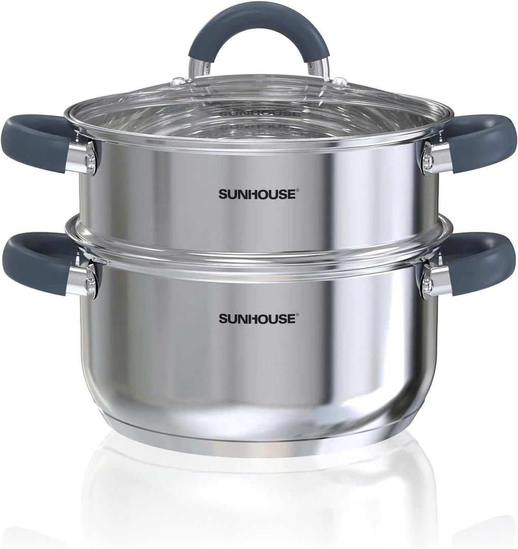 SUNHOUSE 3 Quarts Steamer Pots With Lid, 2-Tier Multipurpose Stainless Steel Steaming Pot Cookware With Stay-Cool Handles, Tri-ply Bottom, Compatible with All Cooktops