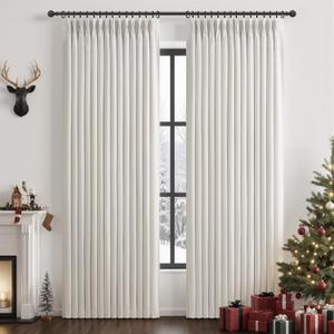 Pinch Pleated Black Out Curtains 84 Inch Long for Living Room, Beige White Thick Linen Memory Trained Boho Bedroom Darkening Curtain 84 Inch Length 2 Panel Set Double Layer Thermal Viral Window Drapes