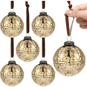 Threan 6 Pcs Large Vintage Mercury Glass Christmas Ornaments 3.15" Hanging Christmas Ball Ornaments Antique Embossed Ball Decorations for Xmas Tree Garland Wreath Holiday Decor(Gold,Etched)