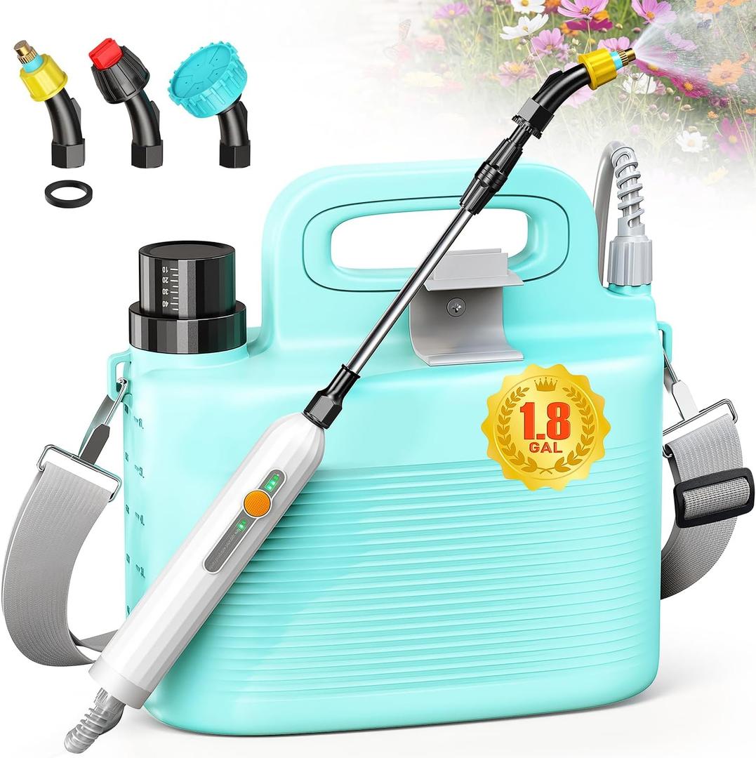 Battery Powered Garden Sprayer 1.8 Gallon, Lightweight Electric Weed Sprayer with Telescopic Wand & Adjustable Nozzles, Portable Yard Sprayer for Plant Watering, Lawn Care, Fertilizing,Gardening