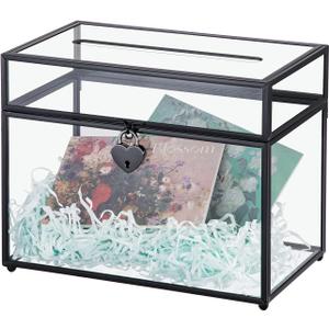 Small Glass Cards Box with Slot and Lock for Wedding Reception - Card Box for Wedding Party, Home Geometric Decorative, Birthdays Party Card Holder (9.84"L x 5.71"W x 7.87"H, Black)
