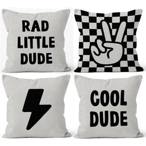 HIWX Rad Little Cool Dude Preppy Black Checkered Peace Sign Lightning Decorative Pillowcase Throw Pillow Cover,Trendy Preppy for Sofa Bed Boy Teen Room Dorm Decor 18 x 18 Inch Pillow Case Set of 4 (White)