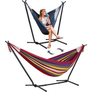 SUNCREAT 2-in-1 Convertible Backyard Fabric Hammock with Stand, Red Stripes
