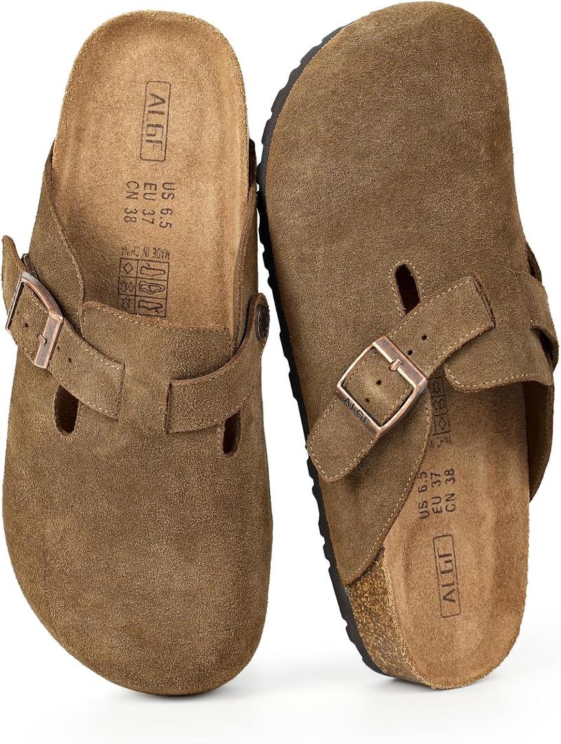 Womens Genuine Suede Clogs for Women Slip-On Buckle Slides Women's Mules & Clogs Natural Rubber Cork Footbed Sandals Potato Shoes with Arch Support (8, Coffee)