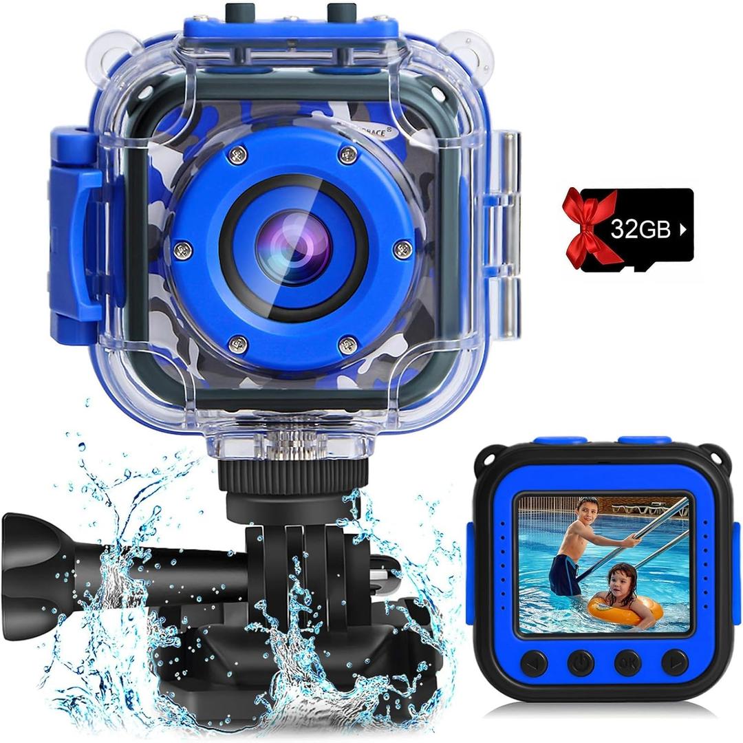 PROGRACE Pool Toy & Kids Underwater Camera - IP68 Waterproof Action Camera for Boys Ages 3-12, 1080P Video, 32GB Card, Mount for Bike & More, Birthday Gift for Diving, Swimming, Riding, Snorkeling (Blue)