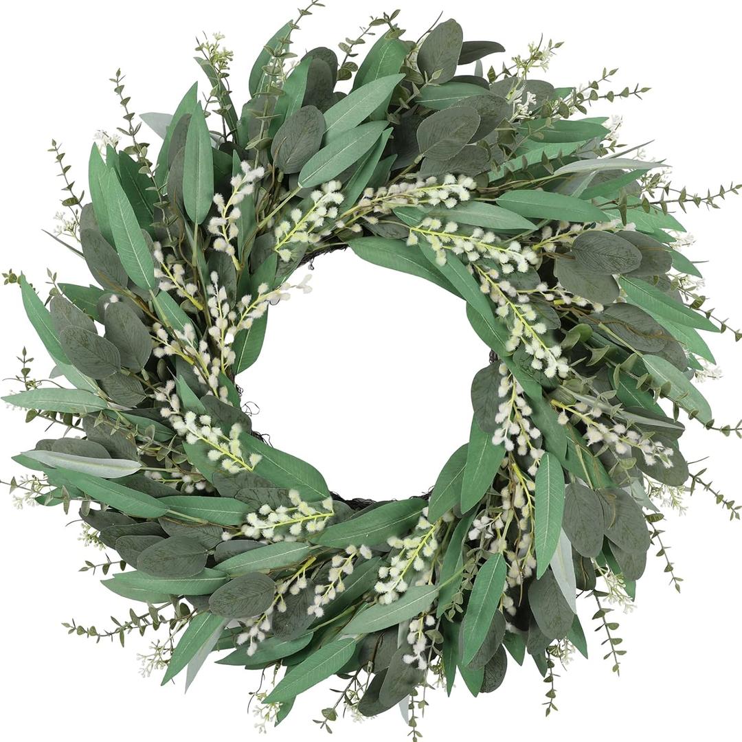 26 Inchs Large Summer Spring Wreaths for Front Door, Artificial Greenery Eucalyptus Wreath with White Berry, Easter Wreaths for Front Door, Outdoor Green Wreath Farmhouse Porch Home All Season Decor