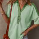 Dokotoo Womens Summer Shirts Casual Short Sleeve 1/4 Button Solid Collar Neck Curved Hem Pullover Sweatshirts Tops (Green, L)